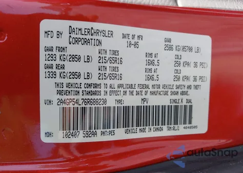 2006 Chrysler Town & Country Touring z USA, uszkodzony, nr VIN 2A4GP54L76R688230